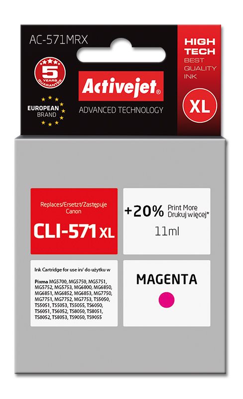 Tusz Activejet AC-571MRX do drukarki Canon, Zamiennik Canon CLI-571M XL;  Premium;  11 ml;  purpurowy. Drukuje więcej o 20%.