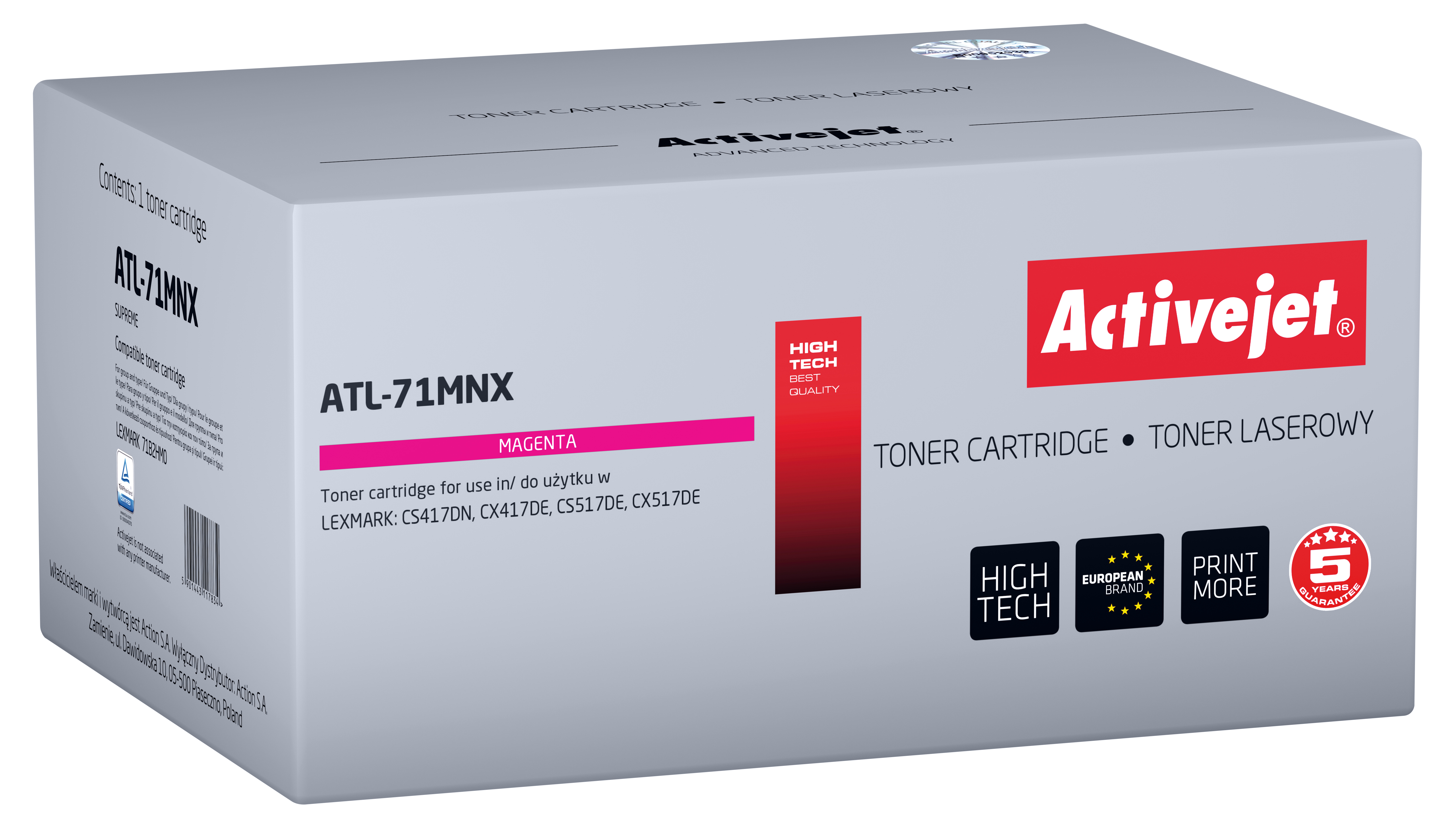 Toner Activejet ATL-71MNX do drukarek Lexmark; Zamiennik Lexmark 71B2HM0; Supreme; 3500 stron; purpurowy)