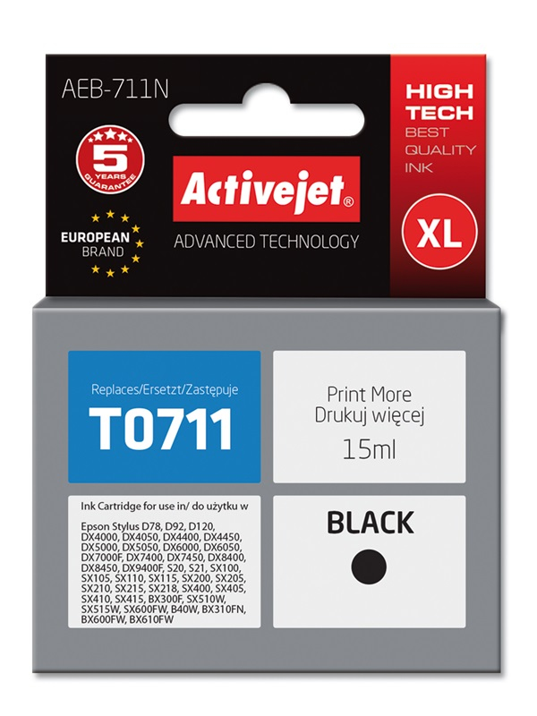 Activejet AEB-711N Tusz do drukarki Epson, Zamiennik Epson T0711, T0891, T1001;  Supreme;  15 ml;  czarny.