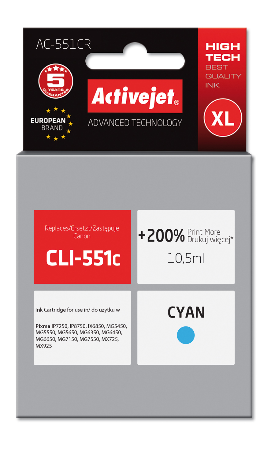 Tusz Activejet AC-551CR do drukarki Canon, Zamiennik Canon CLI-551C;  Premium;  10,5ml;  błękitny. Drukuje więcej o 200%.