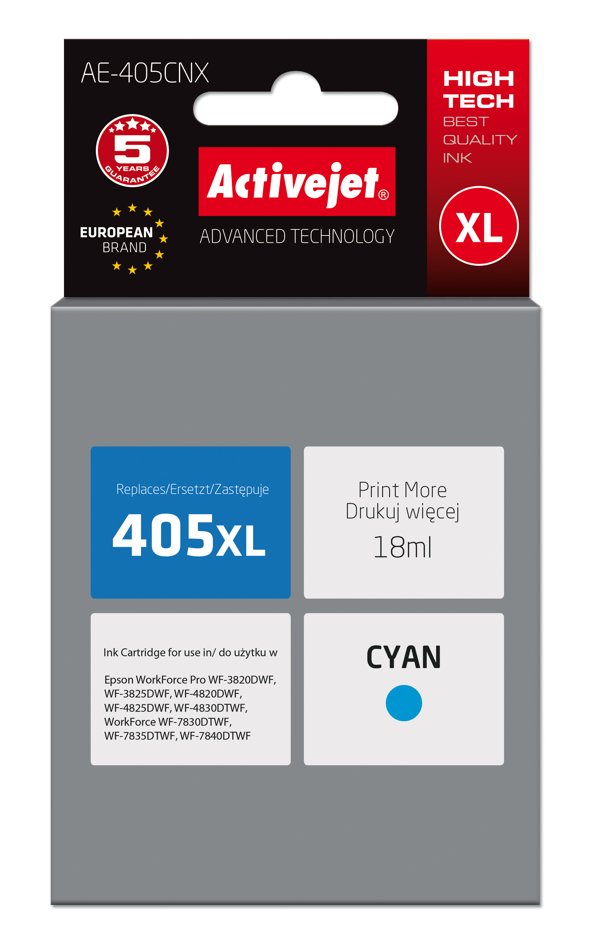 Tusz Activejet AE-405CNX do drukarki Epson, Zamiennik Epson 405XL C13T05H24010;  Supreme; 18 ml; błekitny.