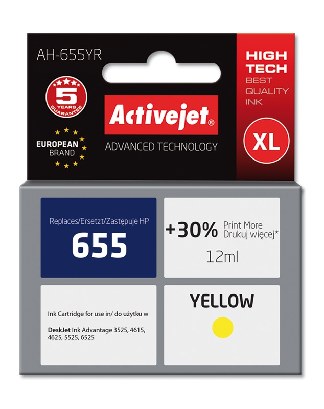 Tusz Activejet AH-655YR do drukarki HP, Zamiennik HP 655 CZ112AE;  Premium;  12 ml;  żółty. Drukuje więcej o 30%.