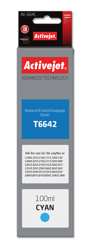 Buteleczka z atramentem Activejet AE-664C do drukarki Epson, Zamiennik Epson T6642;  Supreme;  100 ml;  błękitny.