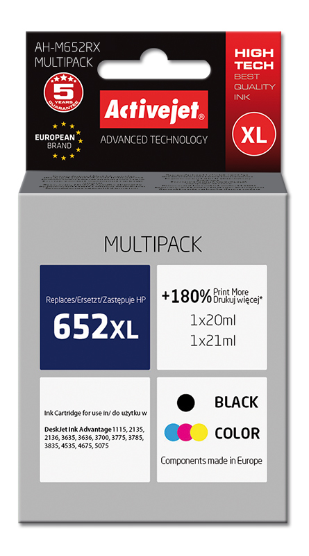 Activejet AH-M652RX Tusz do drukarki HP, Zamiennik HP 652 F6V25AE/F6V24AE;  Premium;  1 x 20 ml, 1 x 21 ml; 1580 stron,  czarny, kolor. Drukuje więcej o 180%.