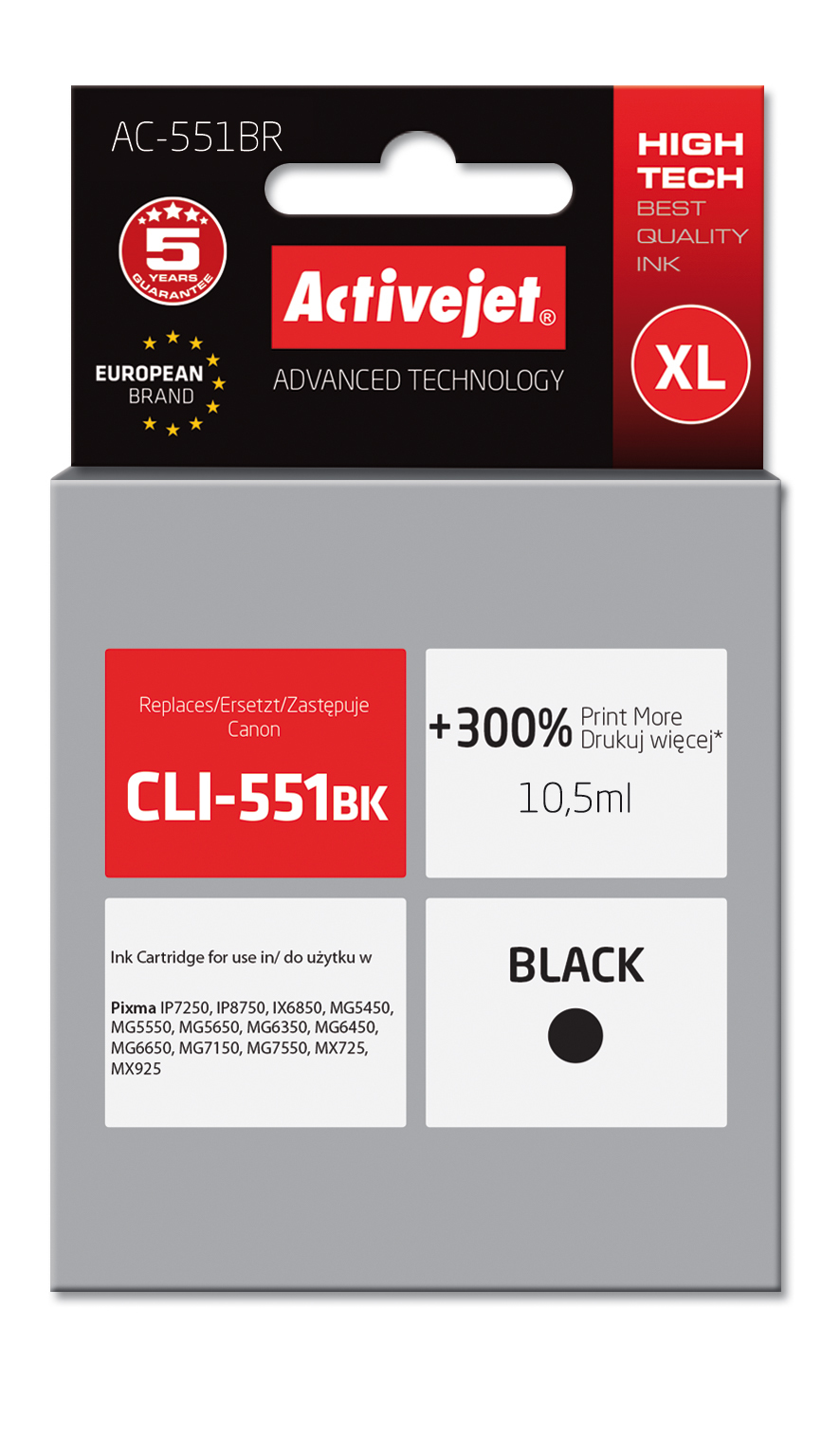 Tusz Activejet AC-551BR do drukarki Canon, Zamiennik Canon CLI-551BK;  Premium;  10,5 ml;  czarny. Drukuje więcej o 300%.