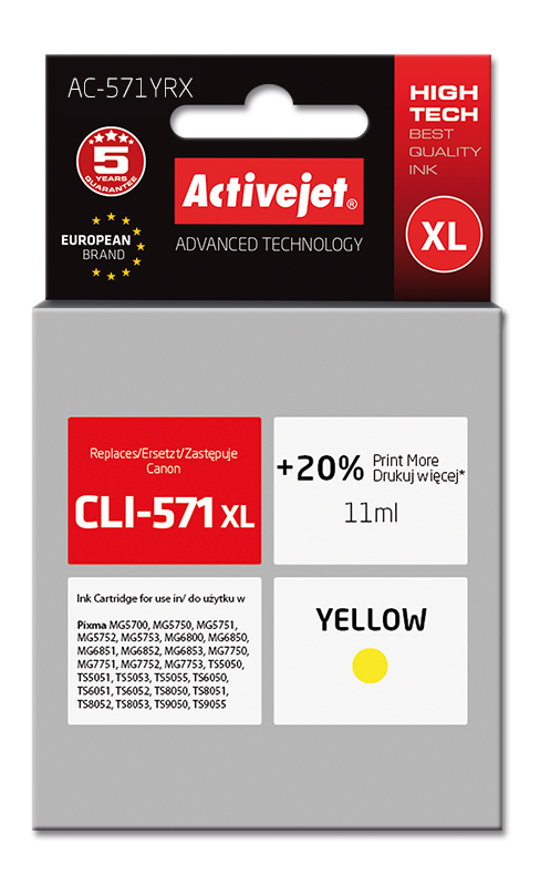 Tusz Activejet AC-571YRX do drukarki Canon, Zamiennik Canon CLI-571Y XL;  Premium;  11 ml;  żółty. Drukuje więcej o 20%.