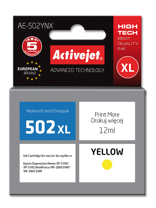 Tusz Activejet AE-502YNX do drukarki Epson, Zamiennik Epson 502XL W44010;  Supreme;  12 ml;  żółty.