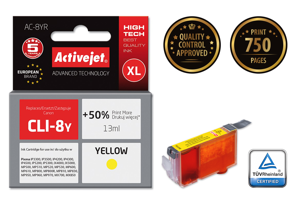 Tusz Activejet AC-8YR do drukarki Canon, Zamiennik Canon CLI-8Y;  Premium;  13 ml;  żółty. Drukuje więcej o 50%.