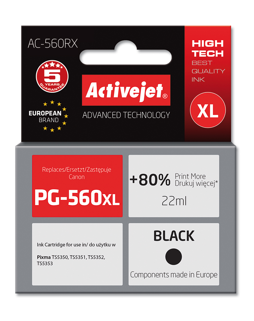 Activejet AC-560RX Tusz do drukarki Canon, Zamiennik Canon PG-560XL;  Premium;  22 ml;  czarny. Drukuje więcej o 80% względem OEM.