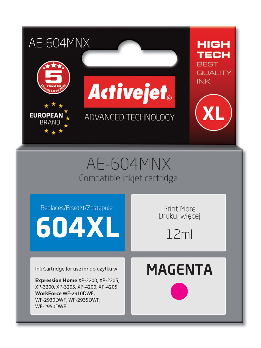 Activejet AE-604MNX Tusz do drukarki Epson, Zamiennik Epson 604XL C13T10H34010;  Supreme;  wydajność 350 stron;   12 ml; magenta.