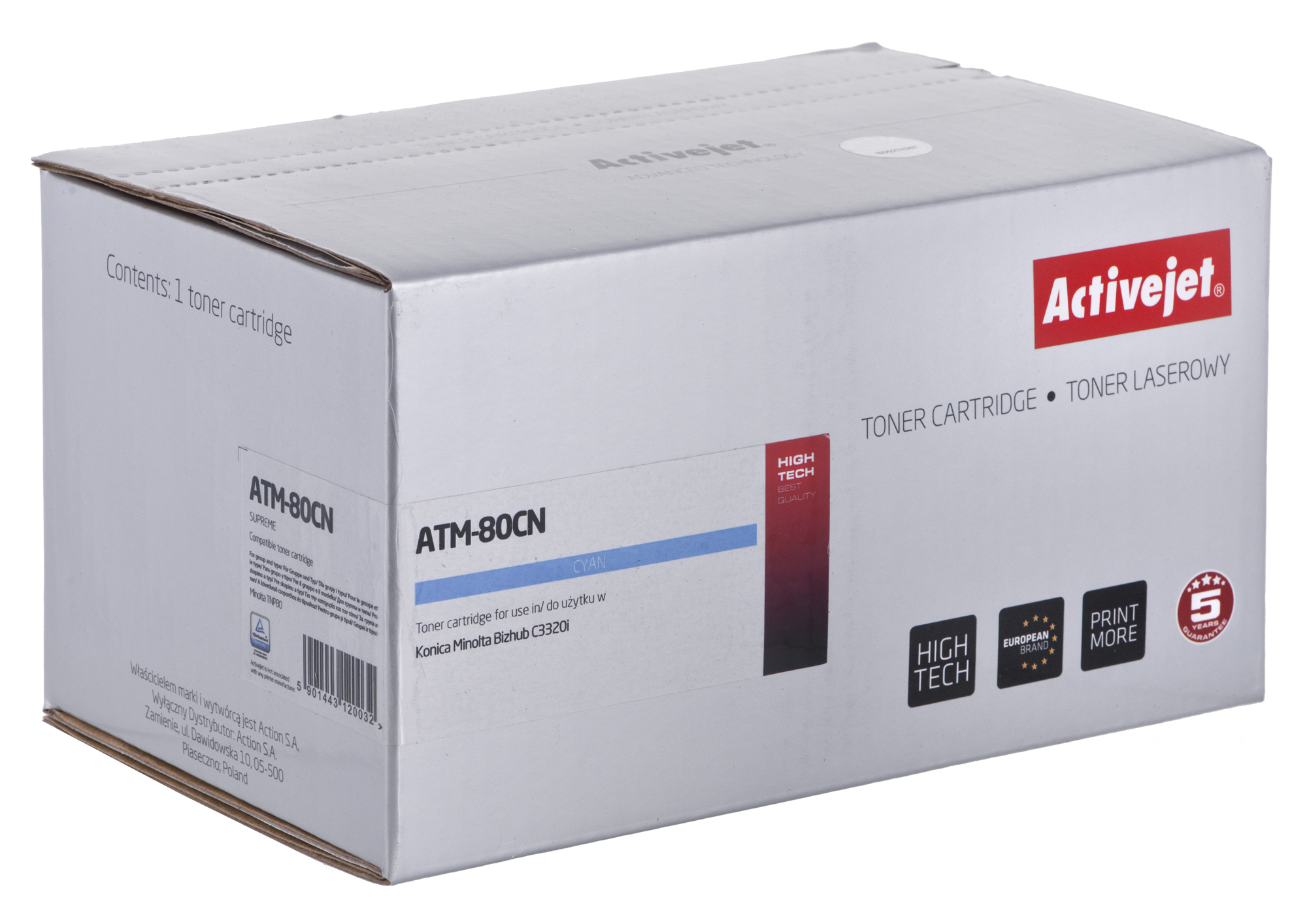 Toner Activejet ATM-80CN do drukarki Konica Minolta, zamiennik Konica Minolta TNP80C; Supreme; 9000 stron; błękitny.