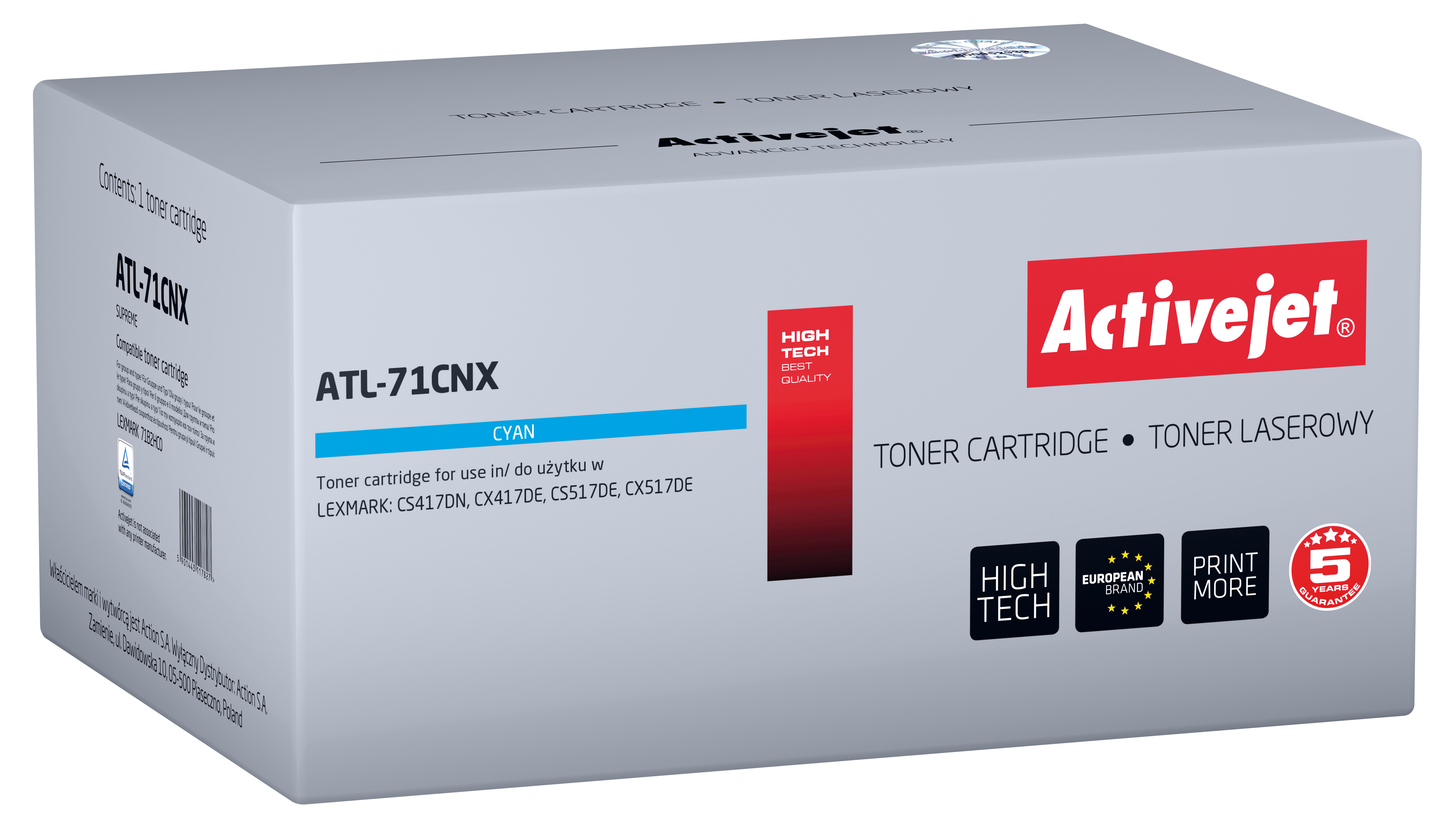 Toner Activejet ATL-71CNX do drukarek Lexmark; Zamiennik Lexmark 71B2HC0; Supreme; 3500 stron; błękitny)