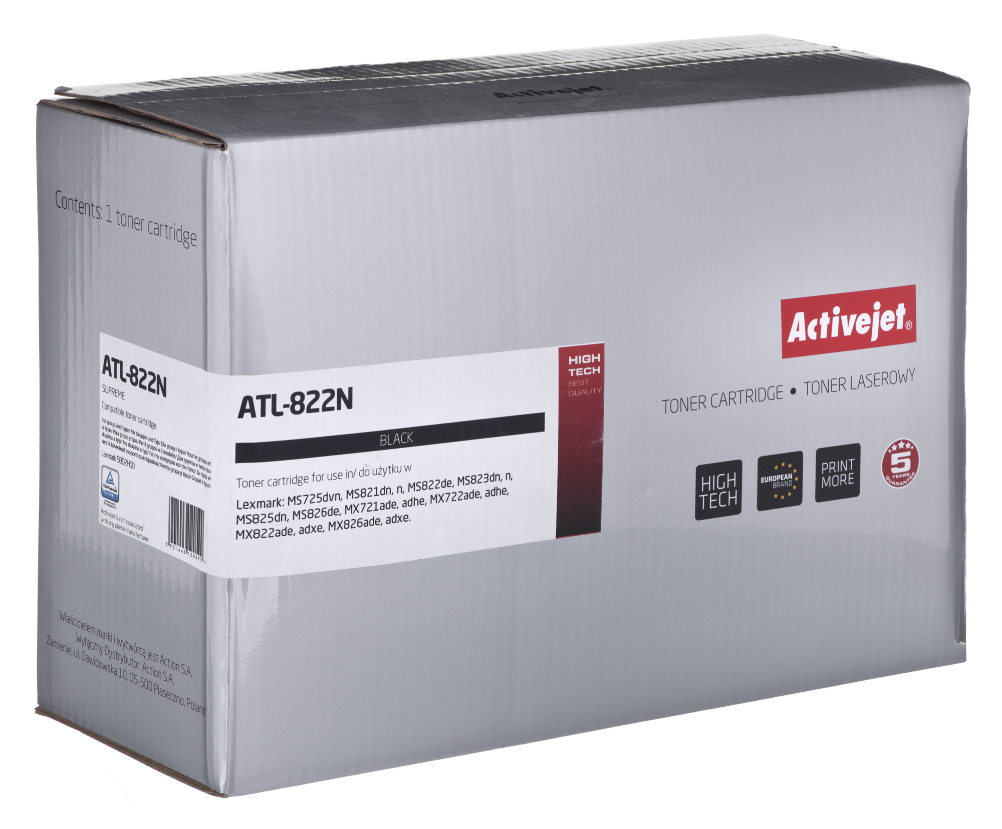 Toner Activejet ATL-822N do drukarek Lexmark; Zamiennik Lexmark 58D2H00; Supreme; 15000 stron; czarny)