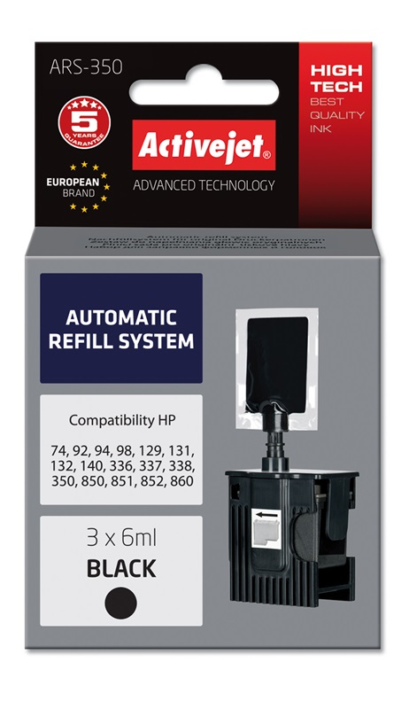 System uzupełnień Activejet ARS-350 do drukarek HP, Zamiennik HP 336 C9362E, 337 C9364E, 338 C8765E, 350 XL CB336E; Supreme;  3 x 6 ml;  czarny.