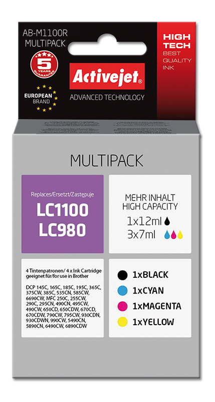 Tusz Activejet AB-M1100R do drukarki Brother, Zamiennik Brother LC1100/980;  Premium;  1 x 12 ml, 3 x 7 ml;  czarny, purpurowy, błękitny, żółty. Drukuje więcej o 70%.