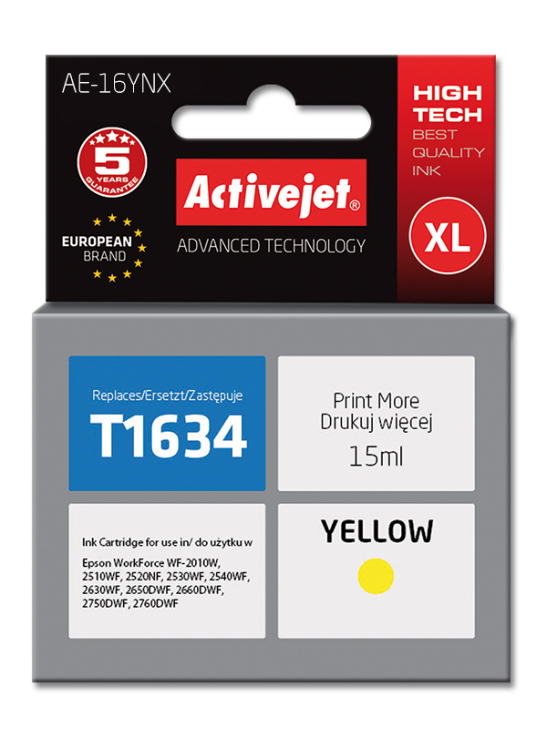 Tusz Activejet AE-16YNX do drukarki Epson, Zamiennik Epson 16XL T1634;  Supreme;  15 ml;  żółty.