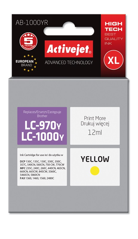 Tusz Activejet AB-1000YR do drukarki Brother, Zamiennik Brother LC1000Y/970Y;  Premium;  12 ml;  żółty.