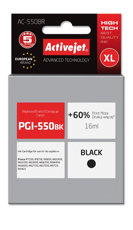 Tusz Activejet AC-550BR do drukarki Canon, Zamiennik Canon PGI-550BK;  Premium;  16 ml;  czarny. Drukuje więcej o 60%.