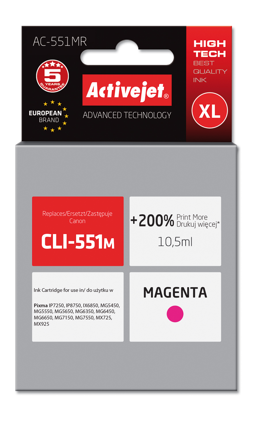 Tusz Activejet AC-551MR do drukarki Canon, Zamiennik Canon CLI-551M;  Premium;  10,5ml;  purpurowy. Drukuje więcej o 200%.