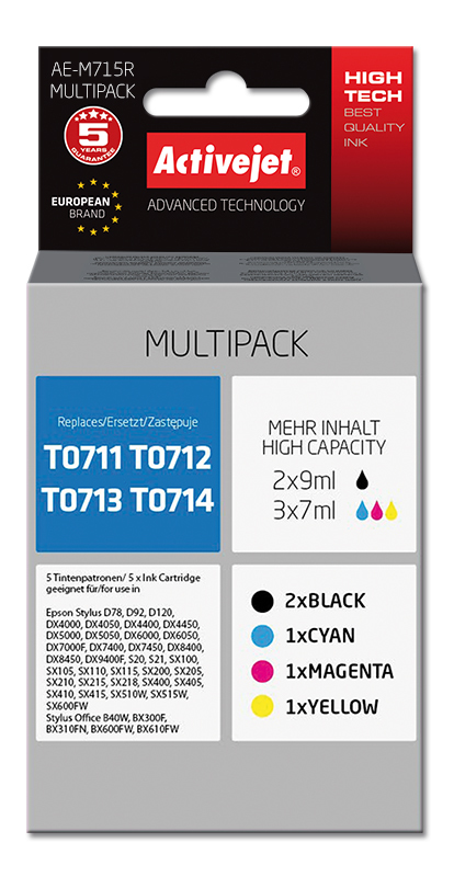Tusz Activejet AE-M715R do drukarki Epson, Zamiennik Epson T0715;  Premium;  2 x 9 ml, 3 x 7 ml.;  czarny, purpurowy, błękitny, żółty.