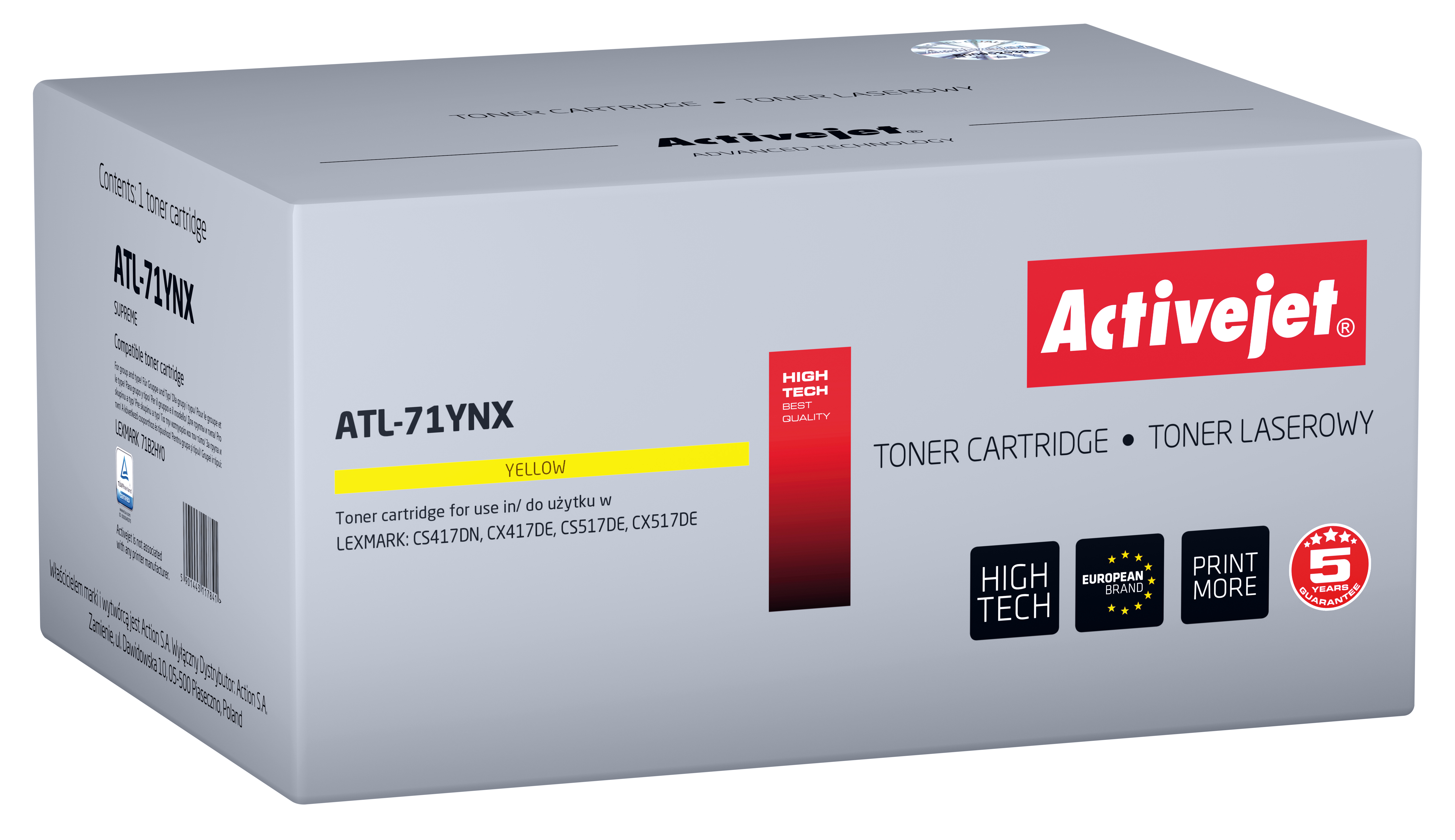 Toner Activejet ATL-71YNX do drukarek Lexmark; Zamiennik Lexmark 71B2HY0; Supreme; 3500 stron; żółty)