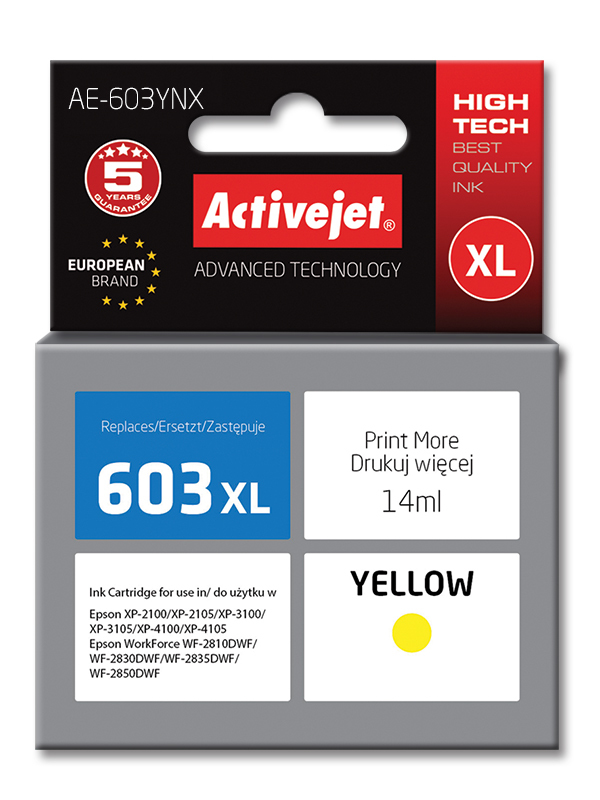 Tusz Activejet AE-603YNX do drukarki Epson, Zamiennik Epson 603XL T03A44; Supreme; 14 ml; żółty.