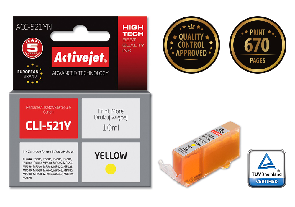 Tusz Activejet ACC-521YN do drukarki Canon, Zamiennik Canon CLI-521Y;  Supreme;  10 ml;  żółty.