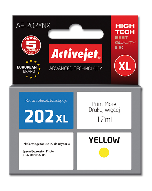 Tusz Activejet AE-202YNX do drukarki Epson, Zamiennik Epson 202XL H44010;  Supreme;  12 ml;  żółty.