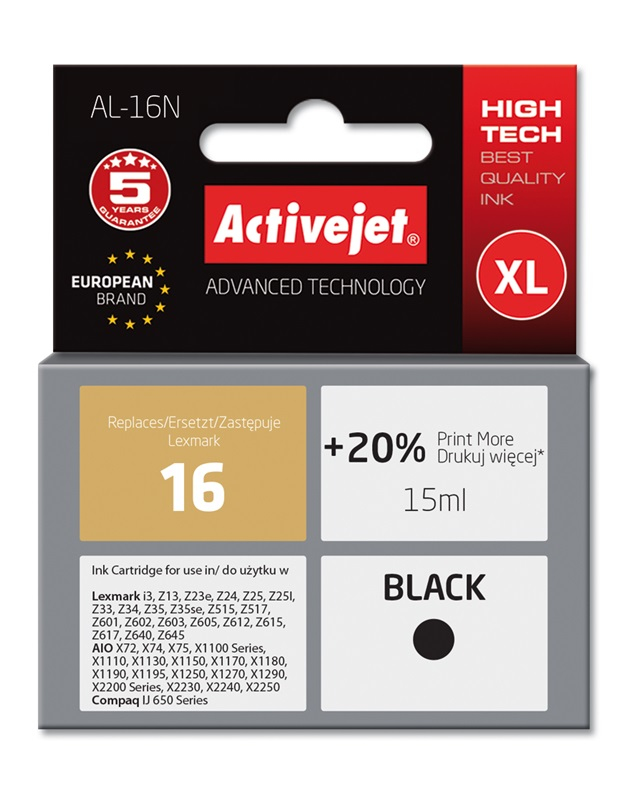 Activejet AL-16N Tusz do drukarki Lexmark, Zamiennik Lexmark 16 10N0016;  Supreme;  15 ml;  czarny. Drukuje więcej o 20%.