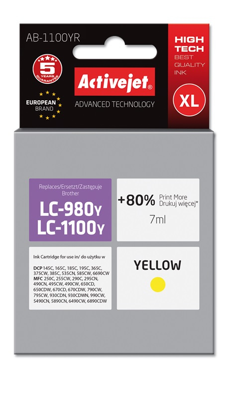 Tusz Activejet AB-1100YR do drukarki Brother, Zamiennik Brother LC1100Y/980Y;  Premium;  7 ml;  żółty. Drukuje więcej o 80%.