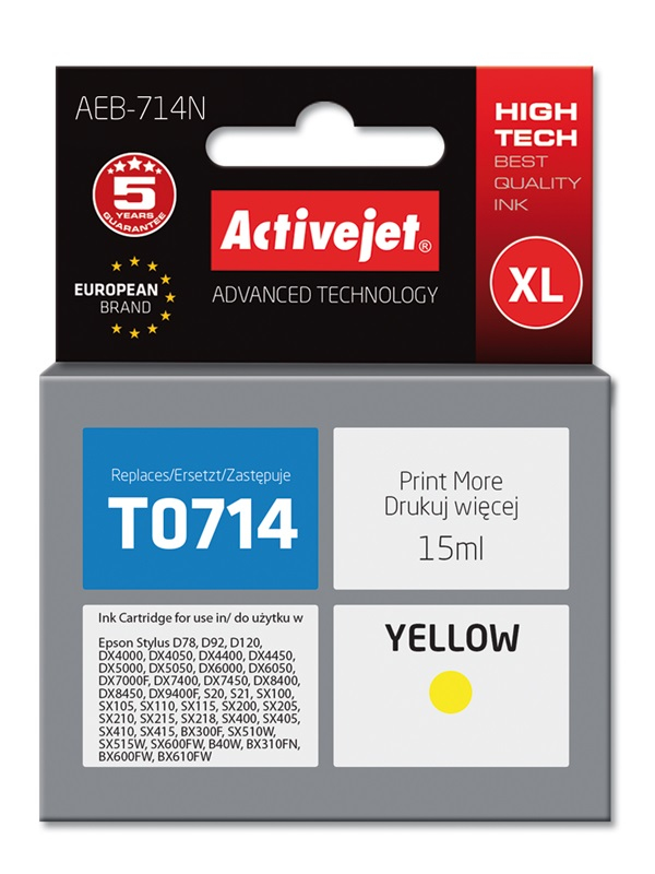 Tusz Activejet AEB-714N do drukarki Epson, Zamiennik Epson T0714, T0894, T1004;  Supreme;  15 ml;  żółty.