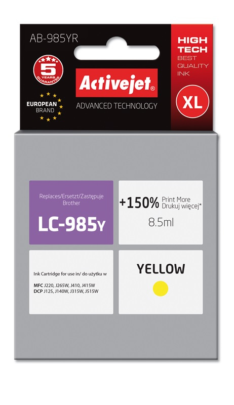 Tusz Activejet AB-985YR do drukarki Brother, Zamiennik Brother LC985Y;  Premium;  8.5 ml;  żółty. Drukuje więcej o 150%.