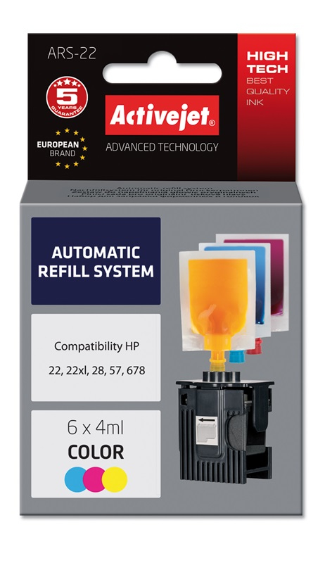System uzupełnień Activejet ARS-22 do drukarek HP, Zamiennik HP 22XL C9352A, 28 C8728A, 57 C6657A; Supreme;  6 x 4 ml;  kolor.