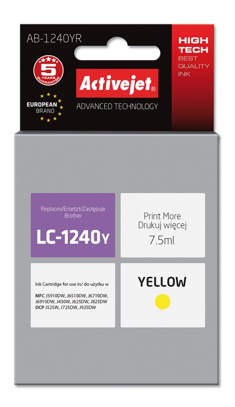 Tusz Activejet AB-1240YR do drukarki Brother, Zamiennik Brother LC1240Y/1220Y;  Premium;  7.5 ml;  żółty.